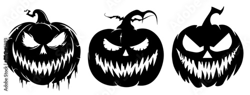 black and white spooky jack-o'-lantern faces with menacing expressions and sharp teeth, each with unique designs, emphasizing a creepy Halloween theme.