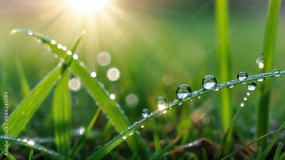 Large dew droplets on green grass in sun rays Large dew droplets on green grass in sun rays