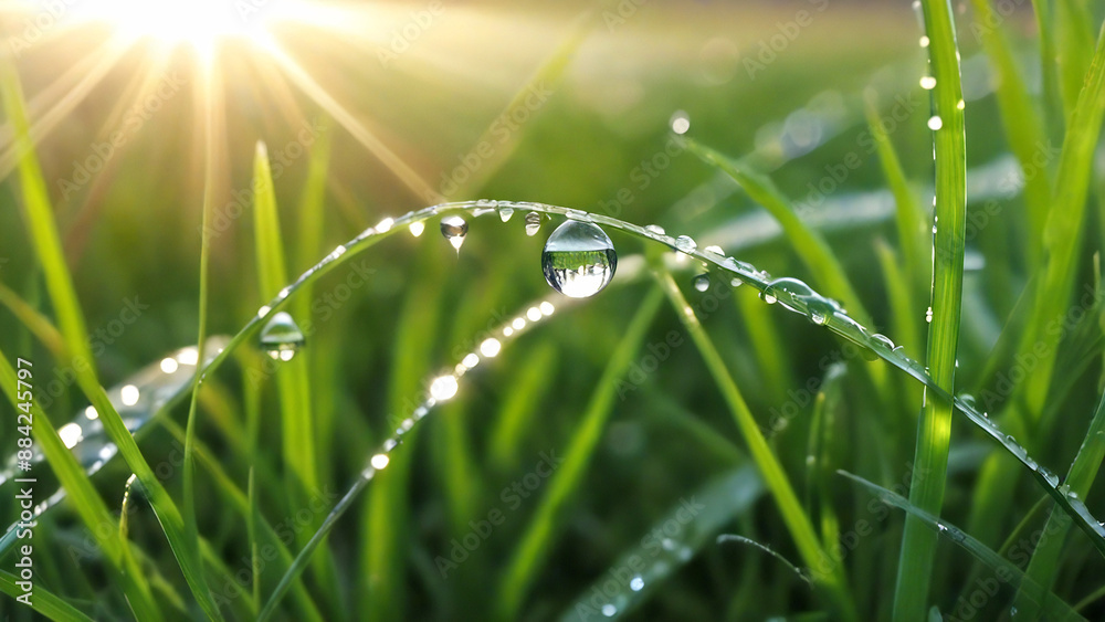 Large dew droplets on grass stems with sun rays Large dew droplets on grass stems with sun rays