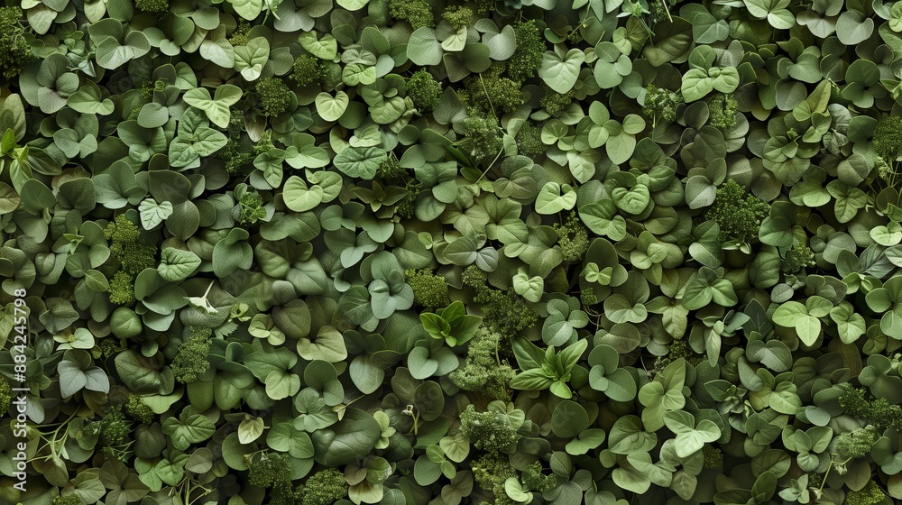 Lush green leaves and plants form a dense textured natural background