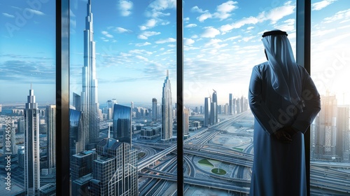Arab man sheikh businessman looks out the window of a skyscraper at a large modern