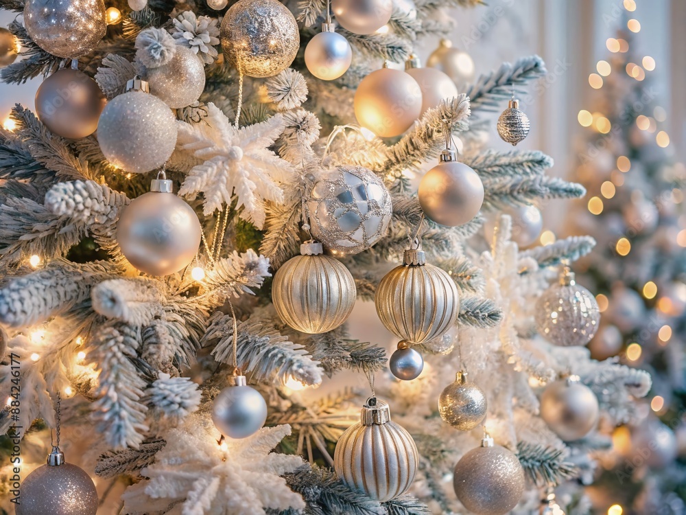 Fototapeta premium Elegant white and silver toned Christmas tree adorned with intricately designed ornaments, garlands, and sparkling lights, evoking a sense of magical winter wonderland charm.