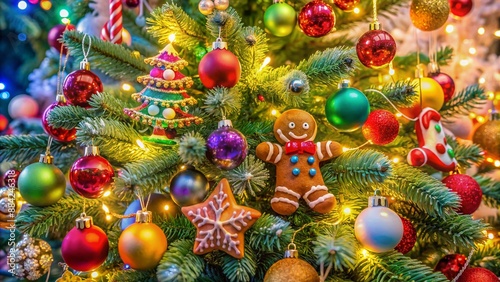 Vibrant festive Christmas tree decorated with colorful baubles, twinkling lights, andsweet treats like gingerbread men and candies in a cozy winter wonderland setting. photo