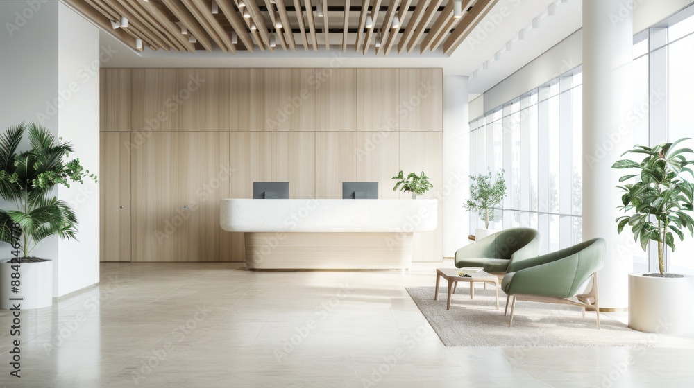 Serene Minimalistic Business Environment in Neutral Tones with Deep Green Accents and Inviting Natural Lighting Serene Minimalistic Business Environment in Neutral Tones with Deep Green Accents and Inviting Natural Lighting