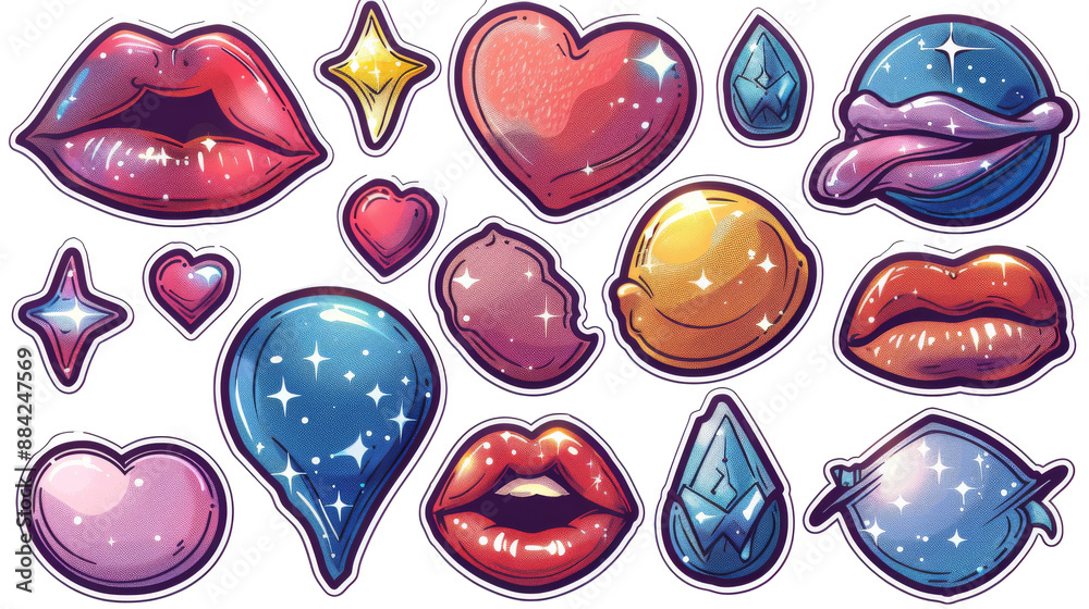 Naklejka premium set of patch badges with lips and heart isolated cut out on PNG format