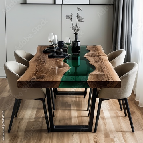 Luxurious dining table with green epoxy resin river and modern chairs photo