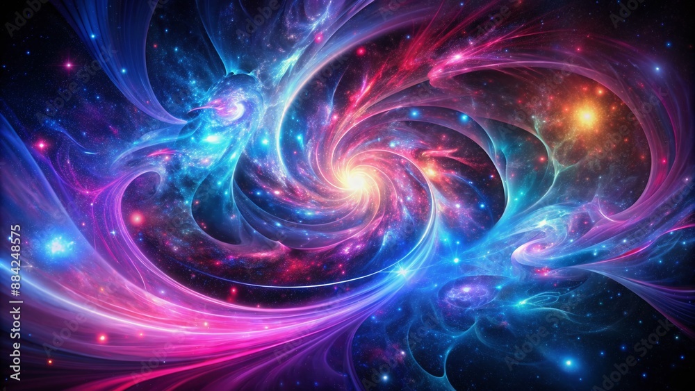 Vibrant swirls of pink, purple, and blue hues dance across a starry black background, evoking an otherworldly nebula in this mesmerizing abstract digital art piece. Vibrant swirls of pink, purple, and blue hues dance across a starry black background, evoking an otherworldly nebula in this mesmerizing abstract digital art piece.
