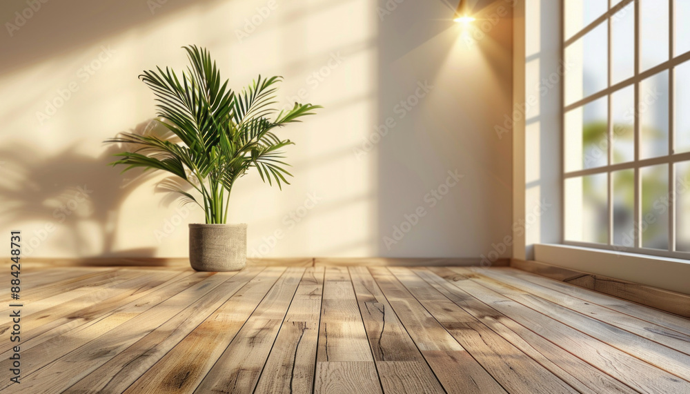 An empty room with a wooden floor, a potted plant in front of a window, and sunlight streaming in