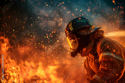 A brave firefighter in full gear tackles a raging fire, with sparks and flames creating a dramatic and intense scene.