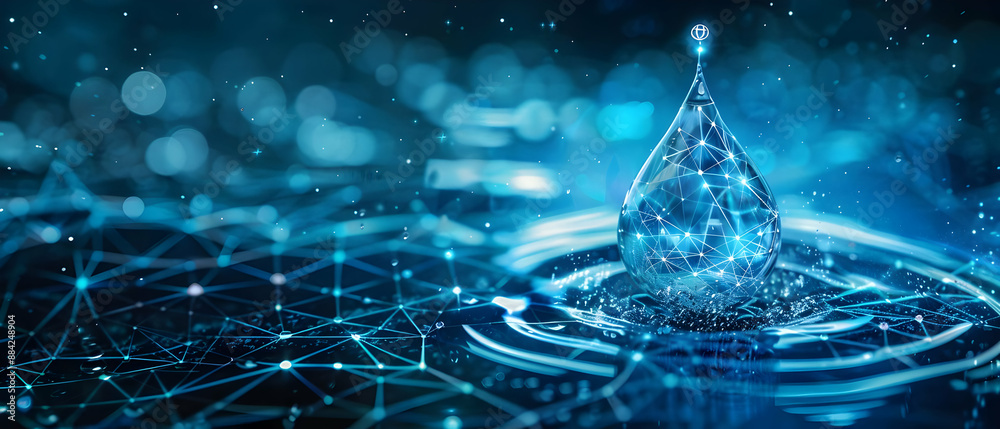 A digital representation of a water drop with blue network connections, signifying technology, innovation, and connectivity.