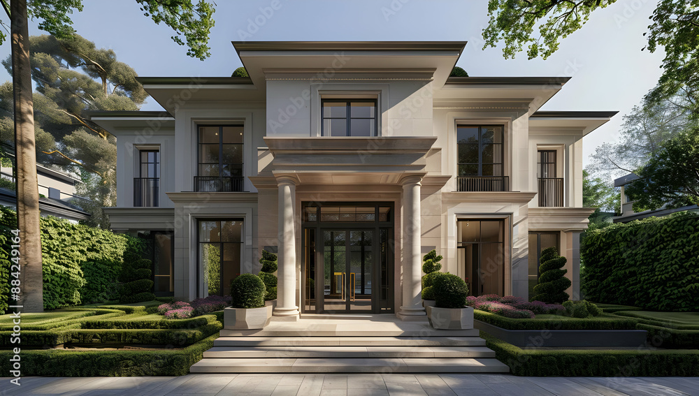 Fototapeta premium A luxurious two-story house with modern architecture, surrounded by manicured gardens and lush greenery, well-suited for high-end living.