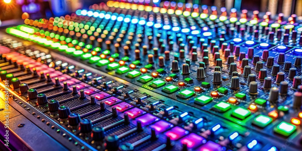 Vibrant lights illuminate a professional sound board's knobs, sliders, and buttons, capturing the dynamic energy of a live music event or concert in a close-up shot. Vibrant lights illuminate a professional sound board's knobs, sliders, and buttons, capturing the dynamic energy of a live music event or concert in a close-up shot.