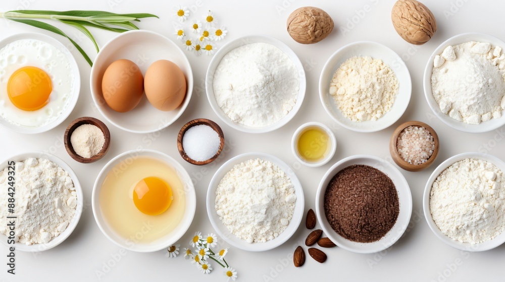 A selection of baking ingredients such as flour, sugar, eggs, and butter, arranged in a clean, organized manner on a transparent background. A selection of baking ingredients such as flour, sugar, eggs, and butter, arranged in a clean, organized manner on a transparent background.