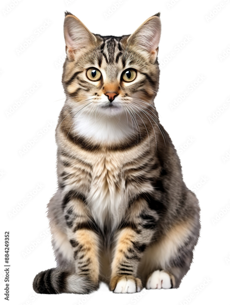 A beautiful tabby cat sits and looks carefully ahead, isolated on a transparent background A beautiful tabby cat sits and looks carefully ahead, isolated on a transparent background