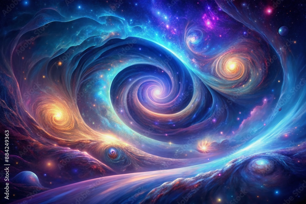 Vibrant blue and purple hues swirl together in a mesmerizing galaxy-inspired abstract artwork, generated by cutting-edge artificial intelligence technology, evoking a sense of cosmic wonder. Vibrant blue and purple hues swirl together in a mesmerizing galaxy-inspired abstract artwork, generated by cutting-edge artificial intelligence technology, evoking a sense of cosmic wonder.