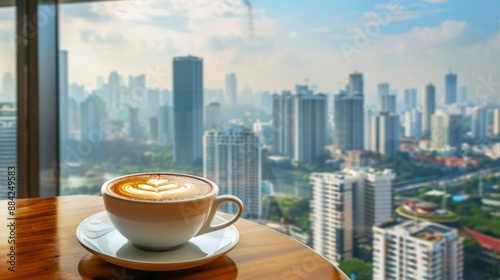 cup of coffee on the table with city bulding views