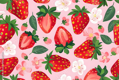 A vibrant seamless pattern of strawberries and flowers on a pink background, perfect for summer designs and textile prints.