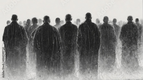 black white illustration group people standing line are