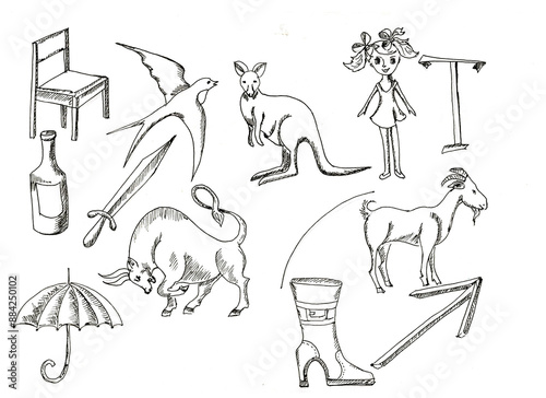 Chair, kangaroo, swallow, doll, letter T, bottle, sword, bull, arc, goat, umbrella, boot, arrow. A sketch. A hand-drawn drawing. A design element. Clip-Art