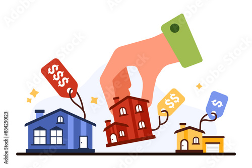 Property investment, real estate mortgage or rent affordability calculation. Big hand holding small house to choose affordable home size according to price and budget cartoon vector illustration