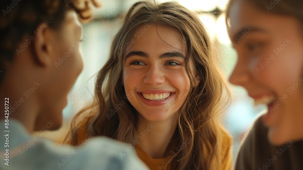 Young woman laughs and smiles among her friends outside in a social group event Young woman laughs and smiles among her friends outside in a social group event