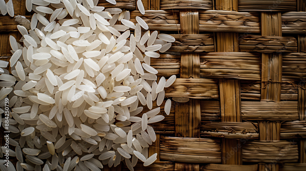 Closeup of white rice grains on rustic woven bamboo basket surface Closeup of white rice grains on rustic woven bamboo basket surface