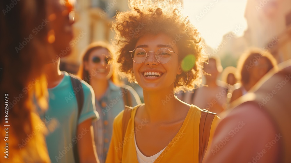 Young Hispanic woman laughs and smiles among her friends as they walk down a city street having fun Young Hispanic woman laughs and smiles among her friends as they walk down a city street having fun