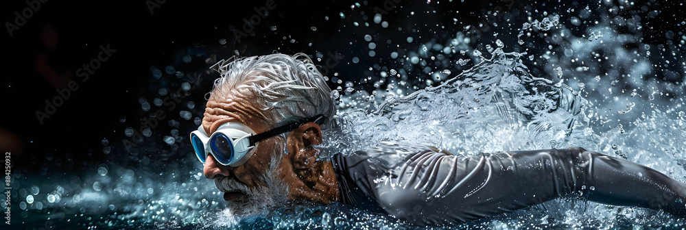 Fototapeta premium An elderly man with goggles swims underwater, creating splashes and waves, showcasing energy, fitness, and determination in a dark setting.
