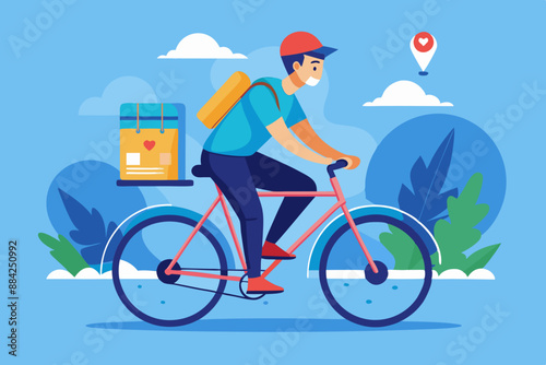 flat vector illustration of a delivery man riding a bicycle