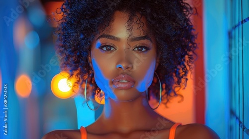 Striking portrait of a woman with curly hair in vibrant neon lighting, capturing modern beauty and confidence photo