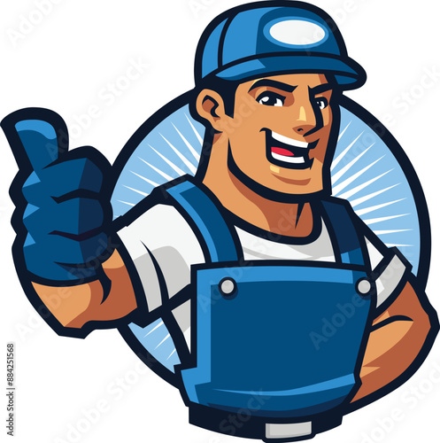 Professional Male Handyman in Blue Cap and Overalls Giving Thumbs Up
