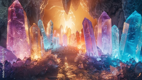 A hidden cave filled with glowing crystals, each one imbued with a different magical power, in white background