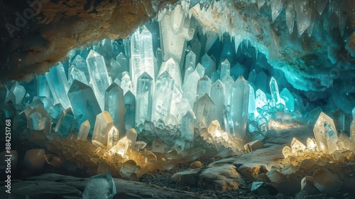 A hidden cave filled with glowing crystals, each one imbued with a different magical power, in white background