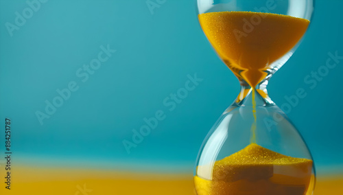 Close-up of a yellow sand hourglass on a blue background, representing the flow of time and the concept of urgency.