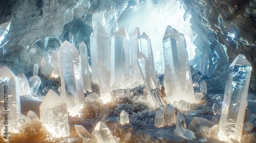 A cave filled with glowing crystals, each one pulsing with mystical energy, in white background