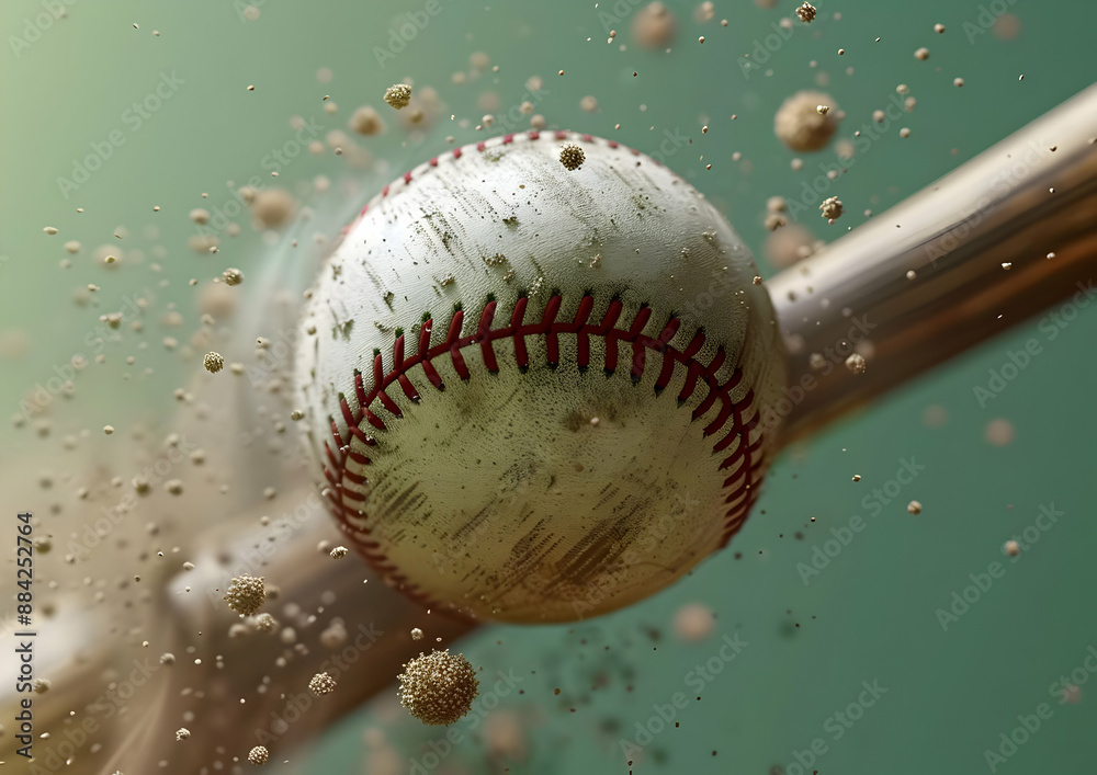 Dynamic close-up shot of a baseball in motion as it makes contact with a bat, particles of dust and dirt flying in the air. Dynamic close-up shot of a baseball in motion as it makes contact with a bat, particles of dust and dirt flying in the air.