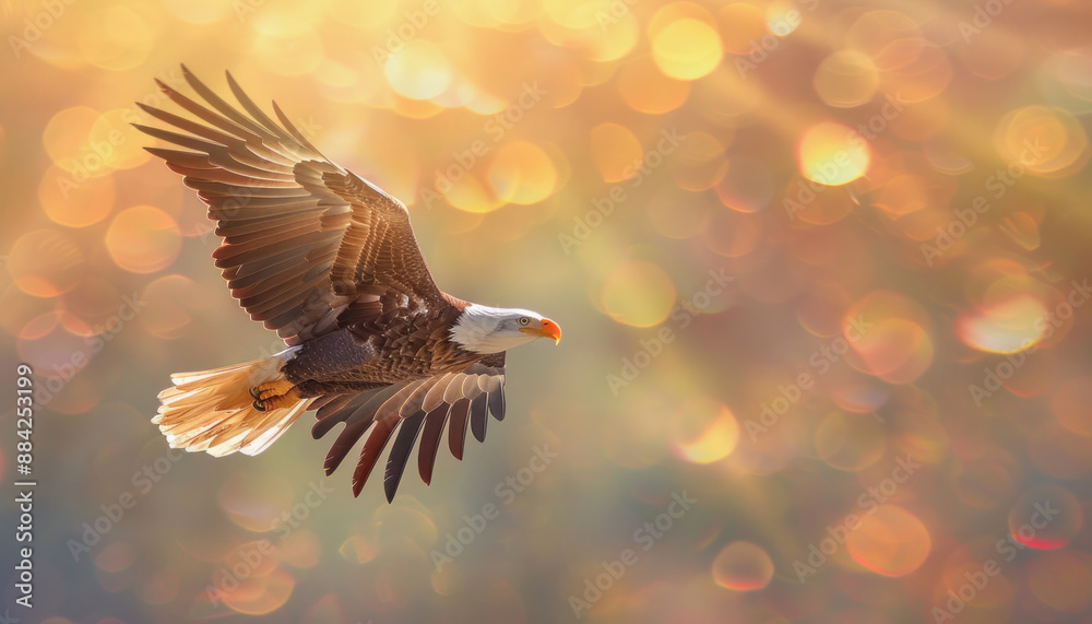 Fototapeta premium A majestic bald eagle is gracefully gliding through the sky with its wings spread wide