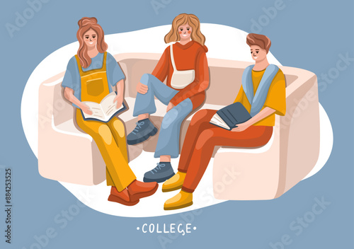 Students doing homework. Higher education in college, university, or secondary school. Vector.