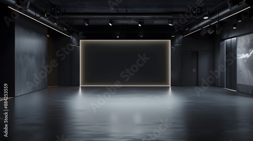 Dark black studio with gradient light in empty room background, showcase wall and floor interior for product display. 