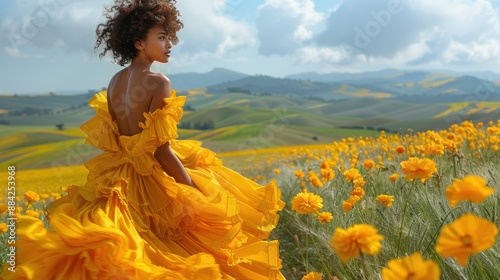 Wallpaper Mural A young woman with curly hair in a bright yellow dress, confidently striding through a field of wildflowers  Torontodigital.ca