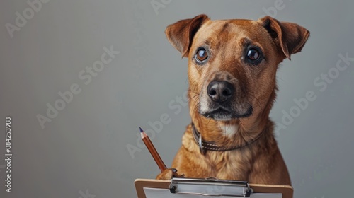 Fototapeta Naklejka Na Ścianę i Meble -  Cute dog holding pencil and clipboard  conceptual animal photography