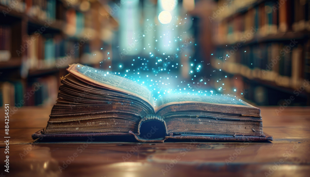 An open book is placed on a wooden table in a library setting, creating a serene ambiance An open book is placed on a wooden table in a library setting, creating a serene ambiance