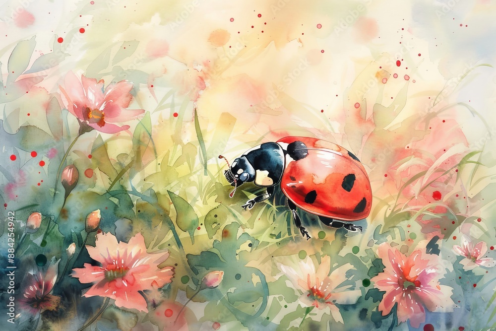 Watercolor painting of a ladybug in spring. Watercolor painting of a ladybug in spring.