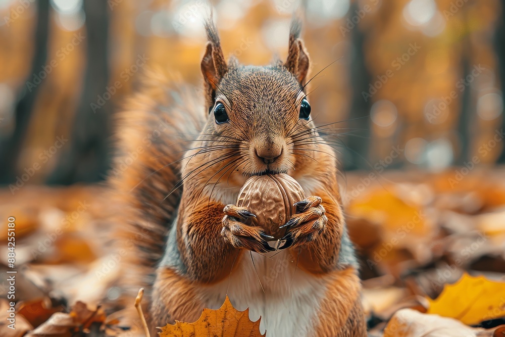 A squirrel holding a nut. Animals in the autumn forest. Wildlife background, Generative AI A squirrel holding a nut. Animals in the autumn forest. Wildlife background, Generative AI