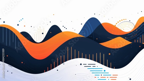 A modern abstract digital illustration featuring flowing orange and blue waves, dynamic lines, and vibrant gradients. photo