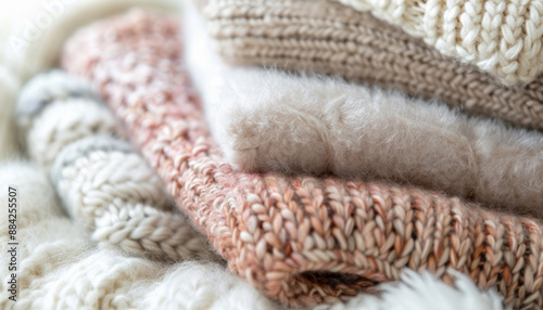 A tidy arrangement of woolen sweaters and blankets is stacked on top of each other