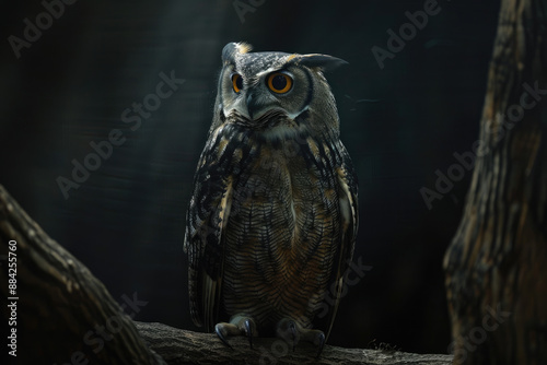 Owl on branch watching in the dark photo