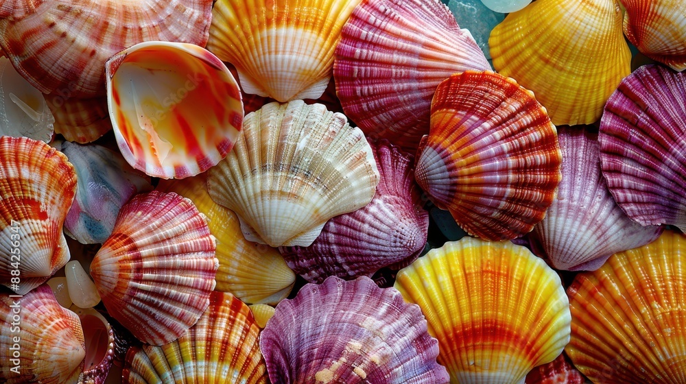 Collection of seashells with various patterns and colors, including orange, yellow, purple, and pink, with some shells showing a combination of these colors
