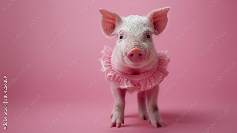 Cute piglet in pink dress on pink background adorable farm animal photography Cute piglet in pink dress on pink background adorable farm animal photography
