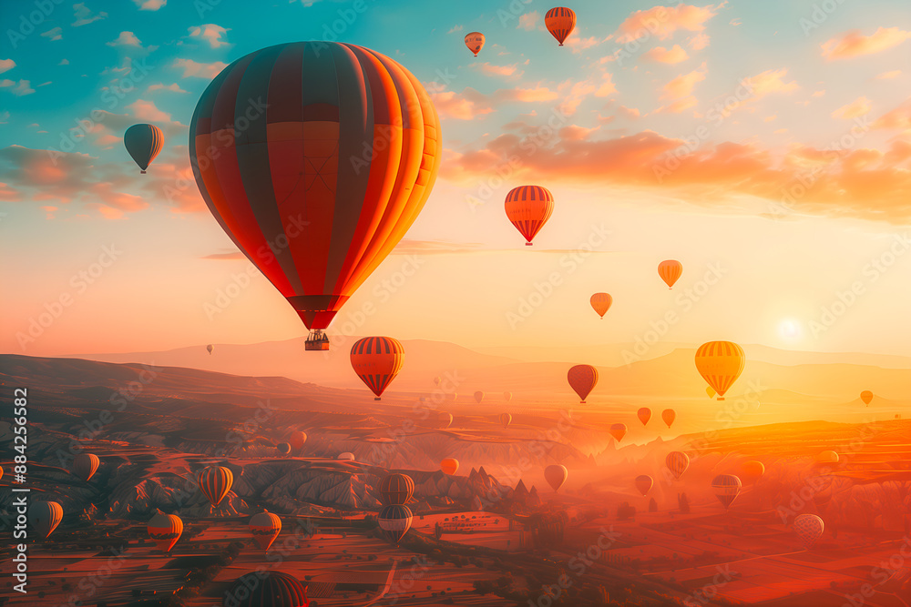 Ballon dirigeable au-dessus d'un paysage imaginaire au coucher de soleil Ballon dirigeable au-dessus d'un paysage imaginaire au coucher de soleil